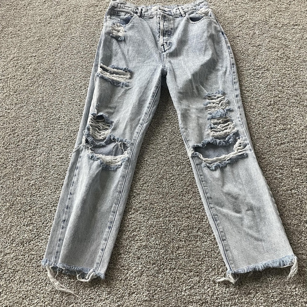 PacSun High Rise Straight Jeans Womens 30 Light Wash Distressed Frayed Hem Denim